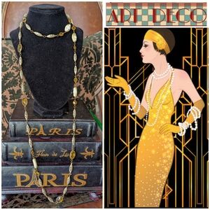 1920s💥CZECH TOPAZ GLASS BRASS TRADING  FILLEGREE BEAD NECKLACE